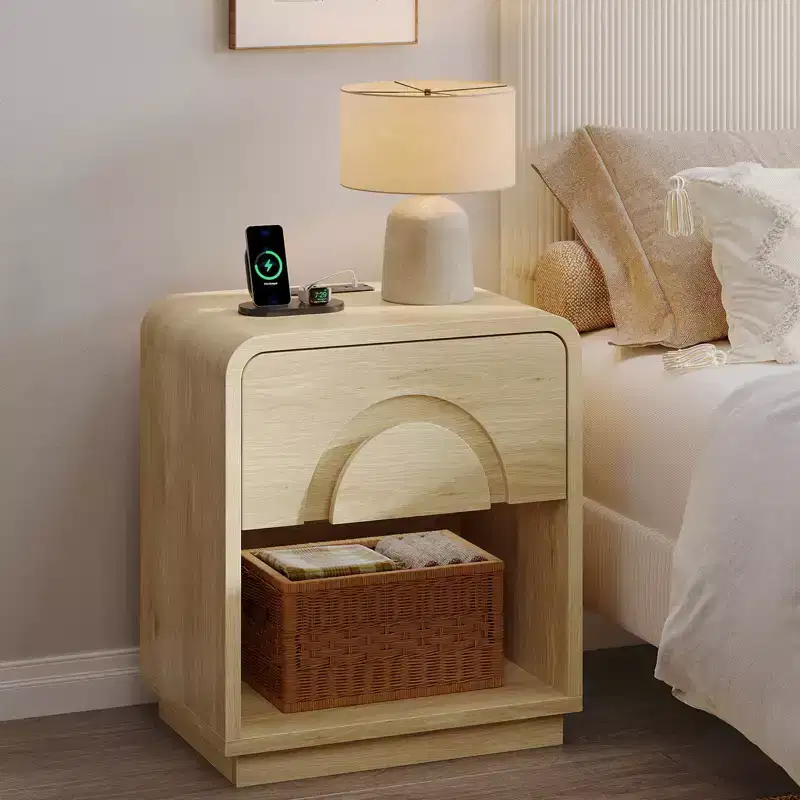 Nightstand with Charging Station, Modern LED End Table Bedside Table with Drawer & Open Shelf for Bedroom & Living Room, Natural Oak