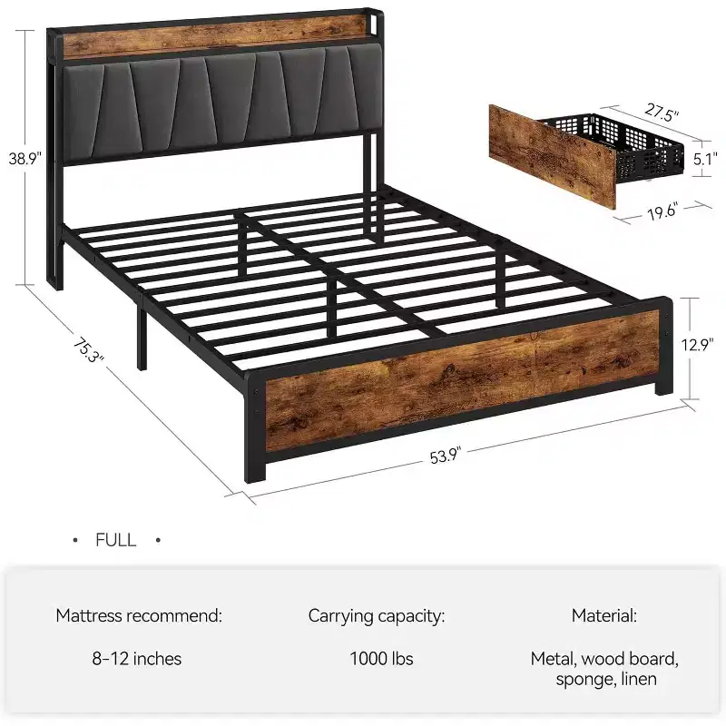 King Bed Frame with 4 Storage Drawers, Platform Bed with Charged Headboard, Sturdy & Stable, No Noise, No Box Spring Needed, Easy to Install