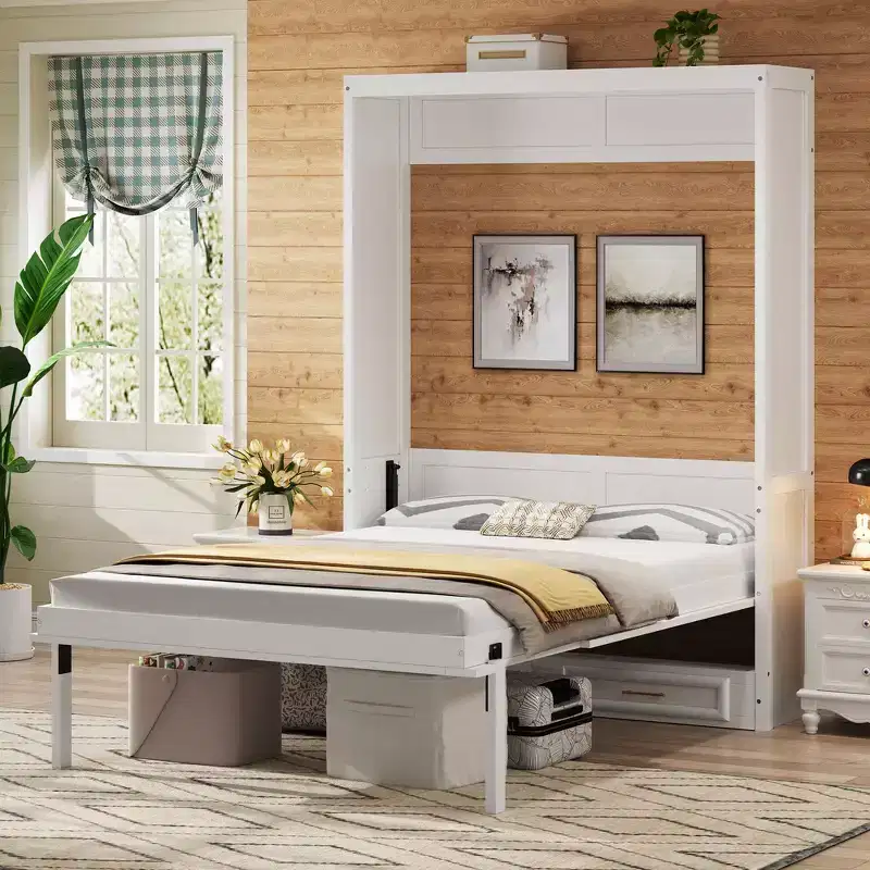 Whisen Minimalist Full Size Murphy Bed Cabinet Bed Wall Bed with 2 Drawers - Beige
