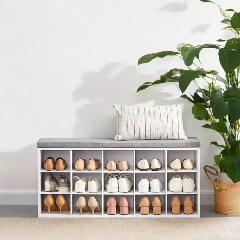 Shoe Rack Bench with Cushion, 41.3''W Entryway 15 Compartments Storage Bench