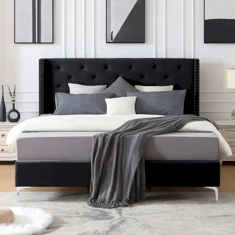 Morden Fort King Size Velvet Upholstered Platform Bed Frame with 6 inches Metal Legs