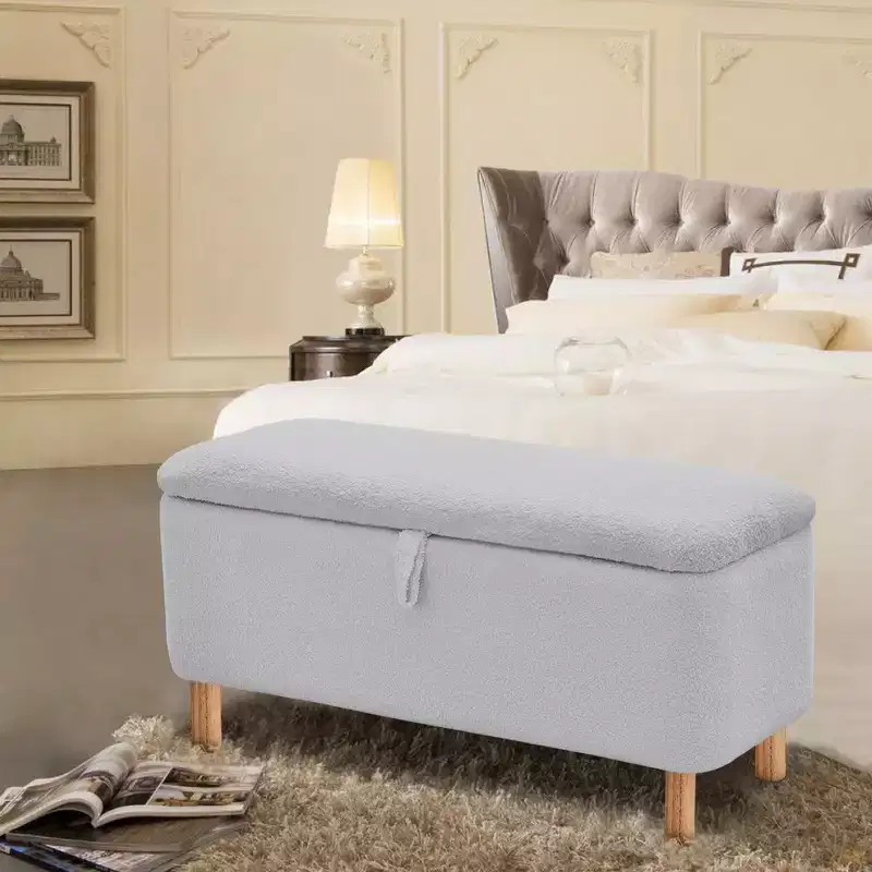Pull-Open Top Boucle Ottoman Bench with Storage, Upholstered Storage Ottoman for Bedroom and Entrance