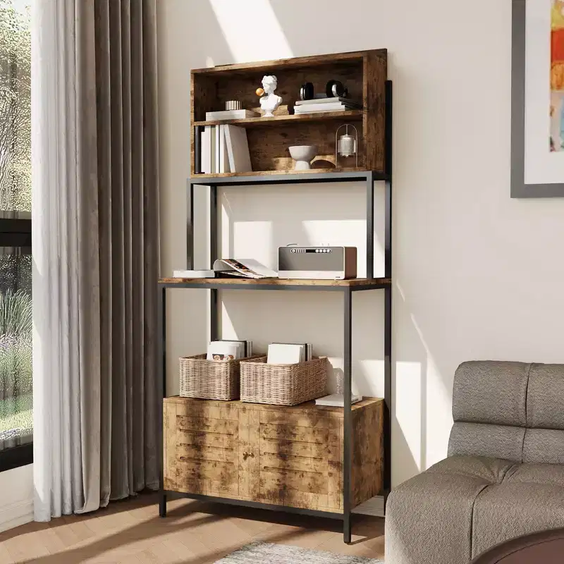 67.7 Industrial 6-Tier Kitchen Bakers Rack with Power Outlet - Microwave Stand with Shelves & Cabinet - Freestanding Storage Organizer