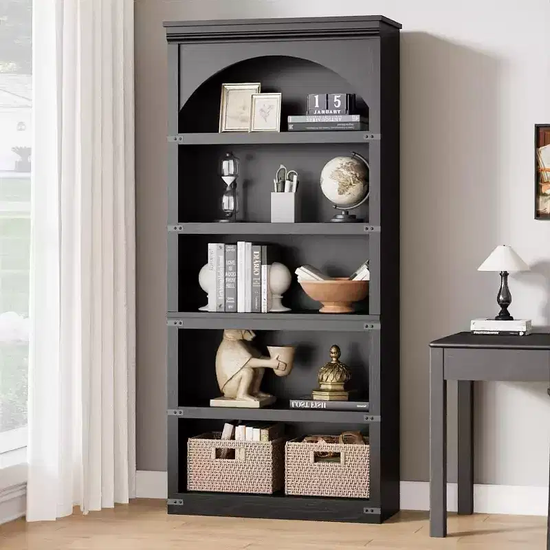 Arched Bookshelf 5-Shelf Farmhouse, 68.7 Tall Wooden Bookcase, Curved Storage Shelf for Living Room, Home Office, Bedroom & Study Decor