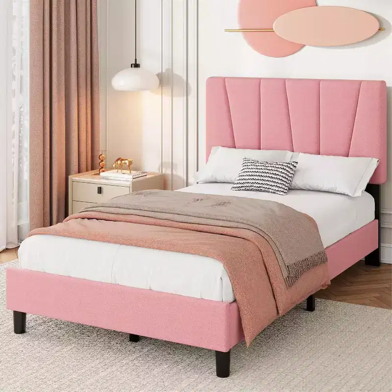 Bed Frame for Kids, Wooden Slats Support Platform Bed Frame,Linen Upholstered Headboard,Modern Style, No Box Spring Needed