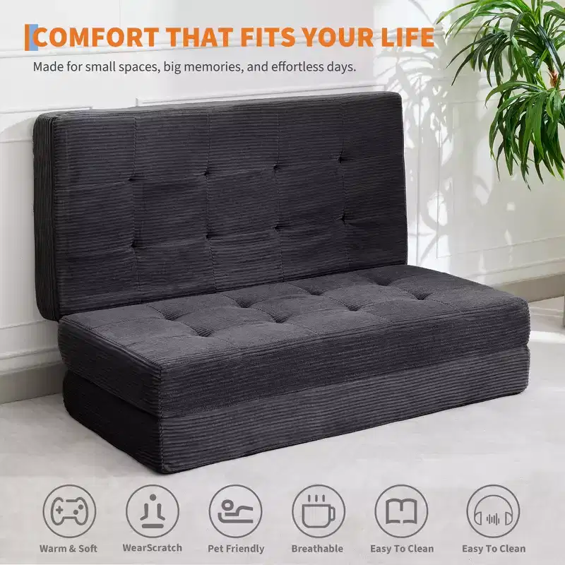 Tri-Fold Corduroy Sofa Bed 6 Inch Tufted Folding Mattress Full Size Convertible Sleeper Couch Supportive Guest Bed for Bedroom RV Camping