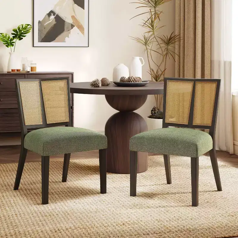 Christopher Knight Home Set of 2 Genesis Rubberwood Upholstered Dining Chairs with Cane Webbing Green/Dark Brown
