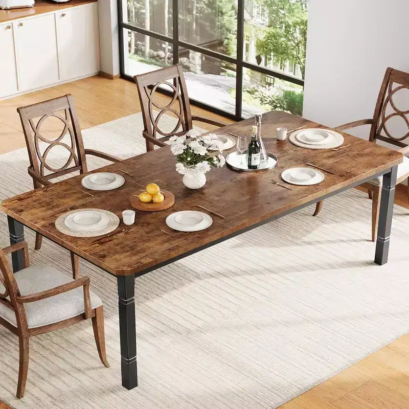 Industrial Long Dining Table for 6-8, Wooden Rectangle Kitchen Table with Heavy Duty Metal Frame Modern Farmhouse Style for Dining Room Kitchen