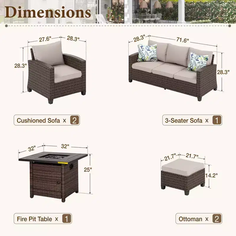 Captiva Designs 6pc Outdoor Patio Wicker Rattan Fire Pit Set with Cushioned Ottomans and Single Sofas