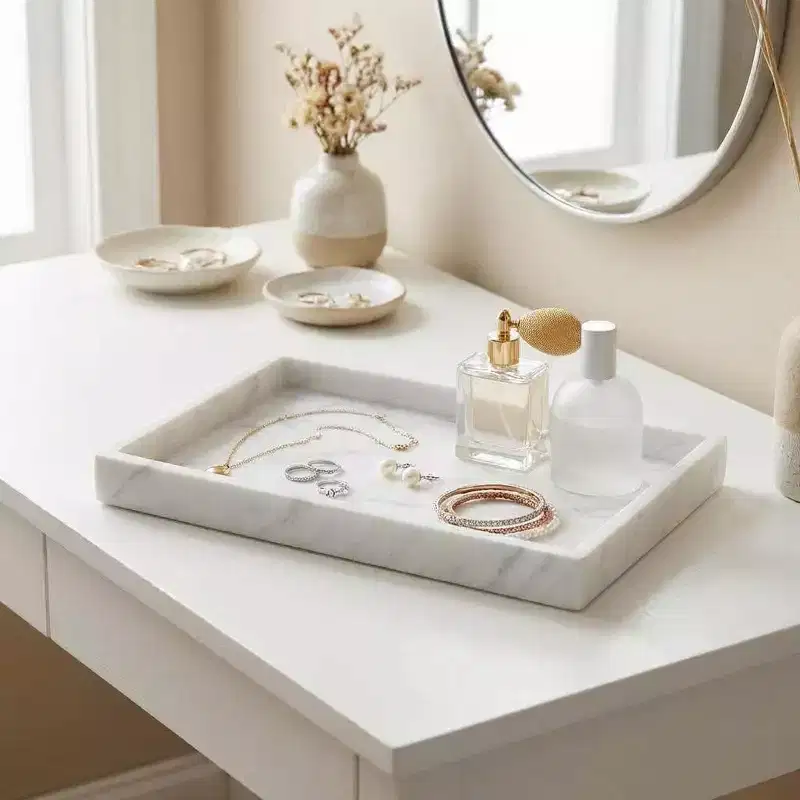 Elegant Natural Marble Jewelry Tray Organizer, Mom's Day Gift Genuine Marble Stone Tray for Vanity Bathroom Home Decor