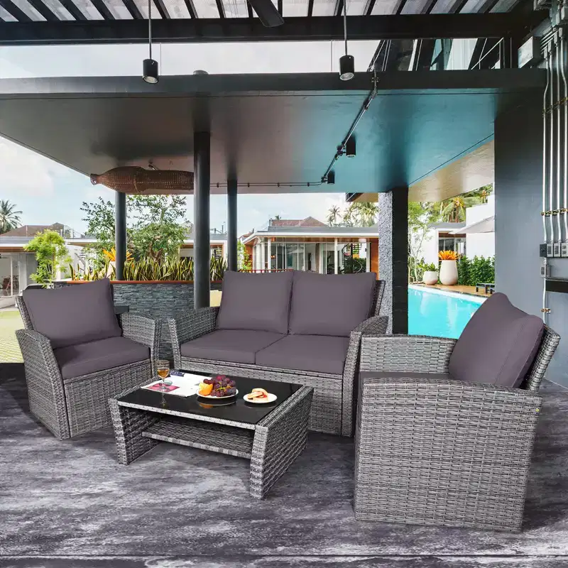 Costway 4PCS Patio Rattan Furniture Set Sofa Table W/Storage Shelf Red\Gray Cushion