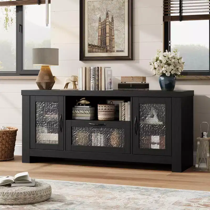 65 Inch Farmhouse TV Stand with Acrylic Doors - Entertainment Center w/ Adjustable Shelves, Media Console for Living Room & Bedroom Storage