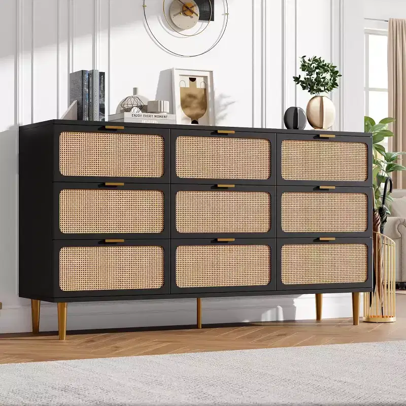 Natural Rattan 9 Drawer Dresser, Handwoven Rattan Storage Cabinet with Wide Top, Tall Wooden Chest of Drawers for Bedroom Living Room Hallway