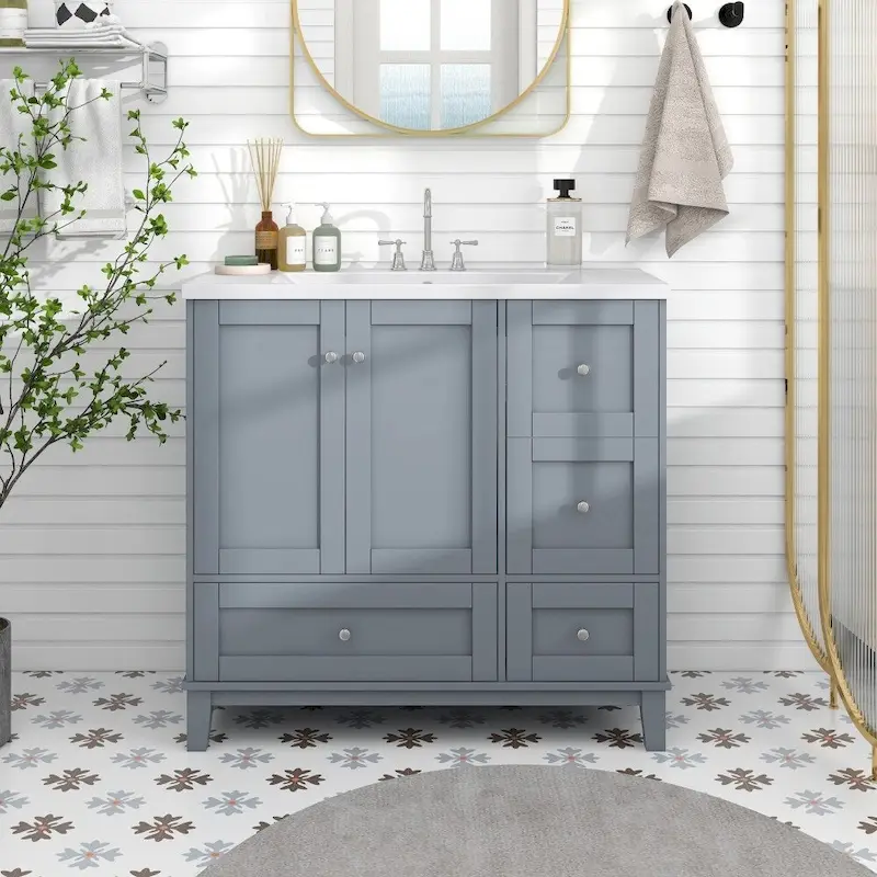 36 Inch Modern Bathroom Vanity with USB Charging and Single Resin top