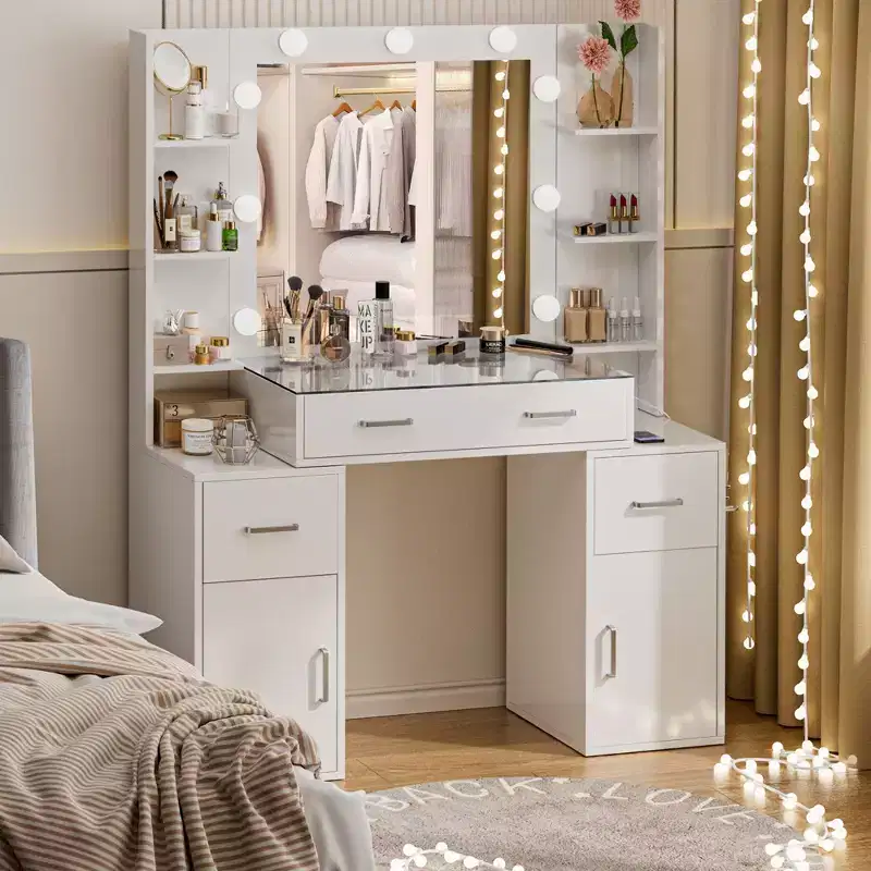 Vanity Desk with Mirror and Lights, Glass Top, Charging Station, 3 Lighting Modes, White
