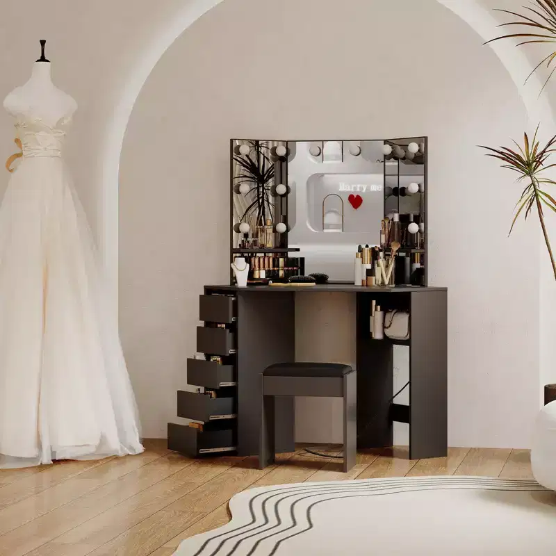 Corner Vanity and Stool, Corner Vanity Desk with Mirror and Lights, Corner Makeup Vanity with Power Outlet, 3 Color Light