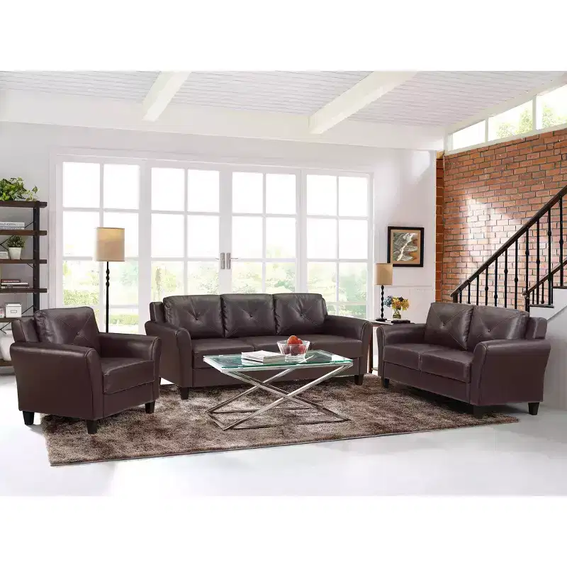 Faux Leather Sofa Java Brown - : Upholstered, 3-Seater, Tufted Back, High-Density Foam