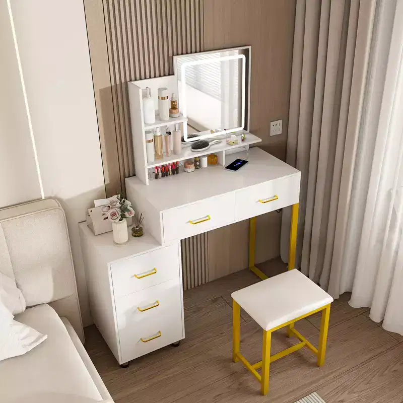 Vanity Desk with LED Lights, Power Outlet & 5 Drawers, Metal Legs, White