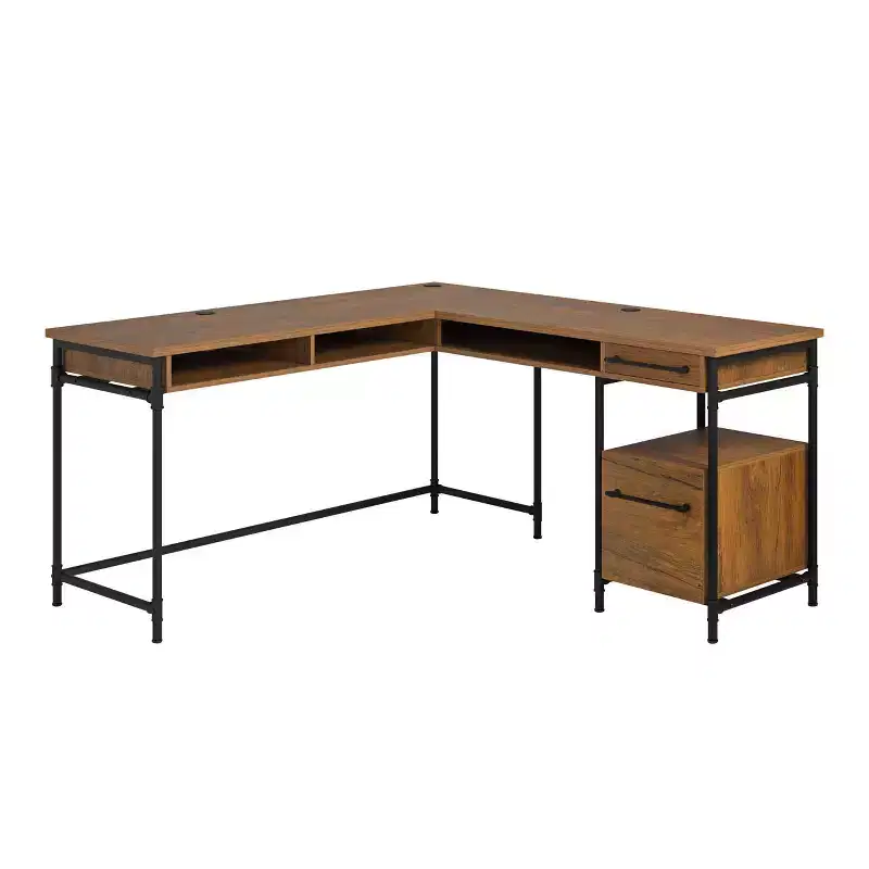 Sauder Iron City L Shaped Computer Desk Checked Oak: Industrial Style with Metal Frame & Hutch Storage