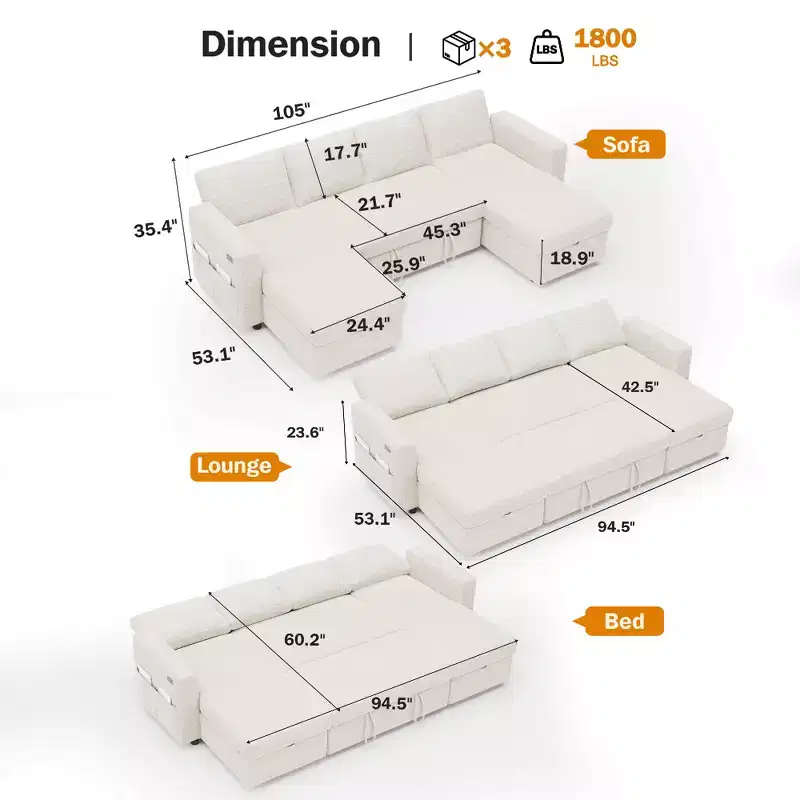 Dyonery 105 Sectional Sleeper Sofa with Pull Out Bed,U-Shaped Couch Sleeper Sofa Bed with Reclining Backrest/USB,Tool-Free Assembly,Corduroy Gray