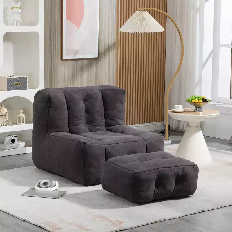 GDFStudio Toby Modern Velvel Upholstered Fluffy Bean Bag Chair with Ottoman