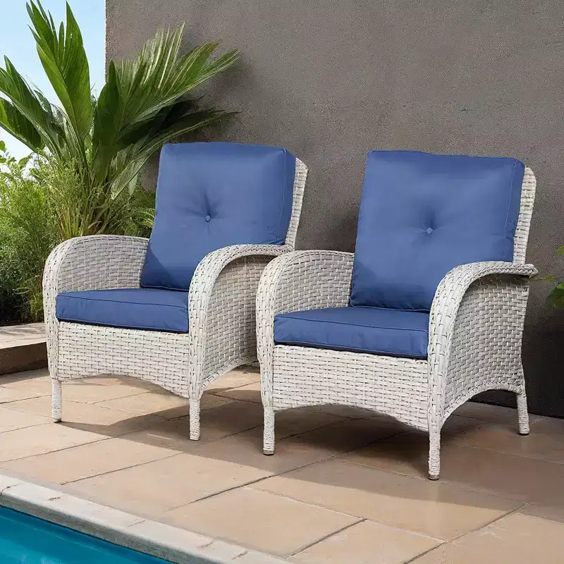 Bestier Patio Wicker Chairs Set of 2, Rattan Furniture Set with 4 Seat Cushions, High Back and Armrest for Garden, Backyard, Balcony and Deck, Blue