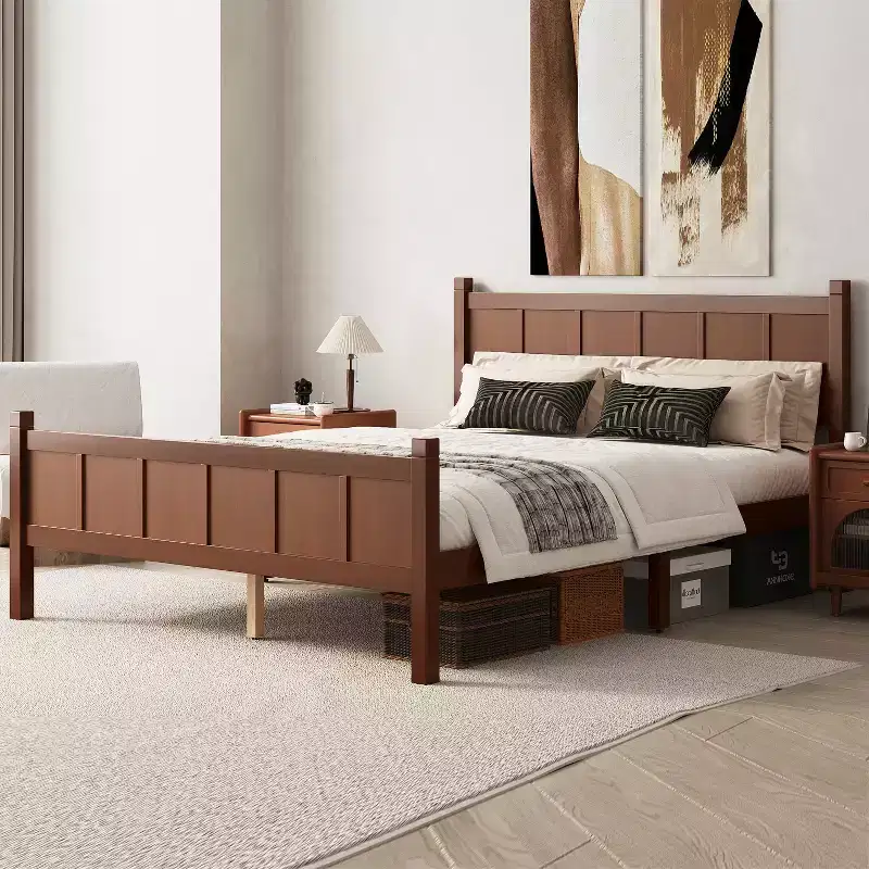 Queen Flat Panel Platform Bed with Headboard and Footboard, Wood Grain Shaker Farmhouse Bed Frame, Dark Walnut