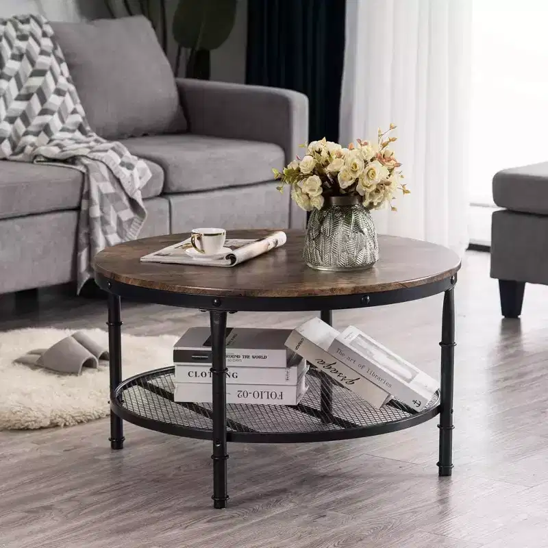 VINGLI Round Coffee Tables Living Room, 31.5 Wooden Coffee Table with Storage