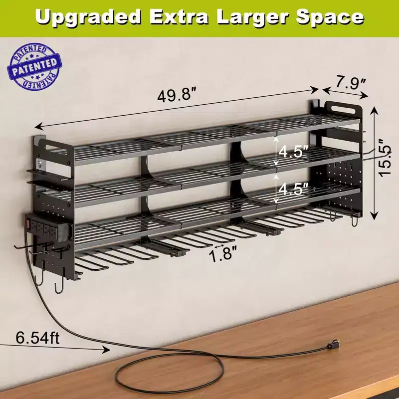 Hausource 12-Slot Power Tool Organizer Storage Racks with Pegboard, 4-Tier Drill Rack & Power Strip
