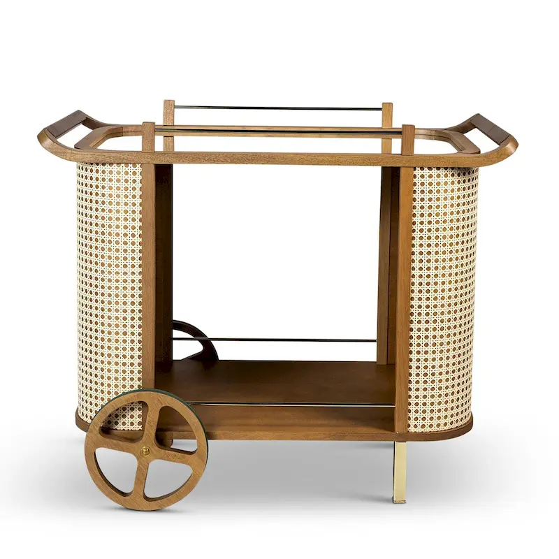 Modern Bar Cart with Mirrored Top, Cane Weave Shelves, Leather Handle & Rolling Wheels