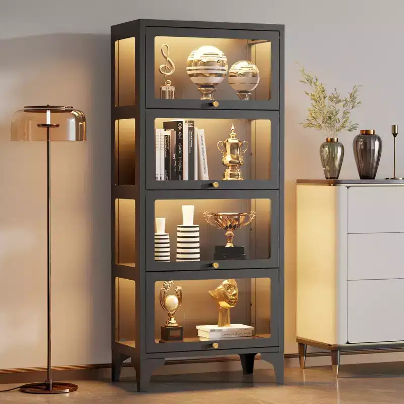 Bekrvio 4/5 Tier Glass Display Cabinets with Flip-Up Doors, Curio Cabinet with 13-Color, 3-Side Tempered Glass Metal Display Cabinet