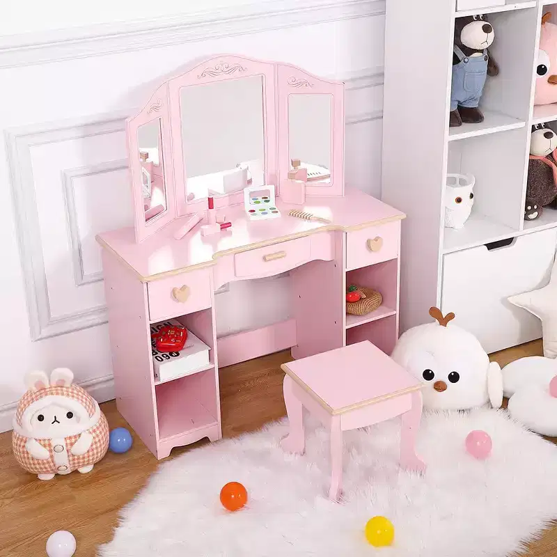 Kids Vanity Set with Mirror and Drawer - Girls' Vanity Table and Chair Set with Wood Makeup Playset, Perfect for 3-9 Yr