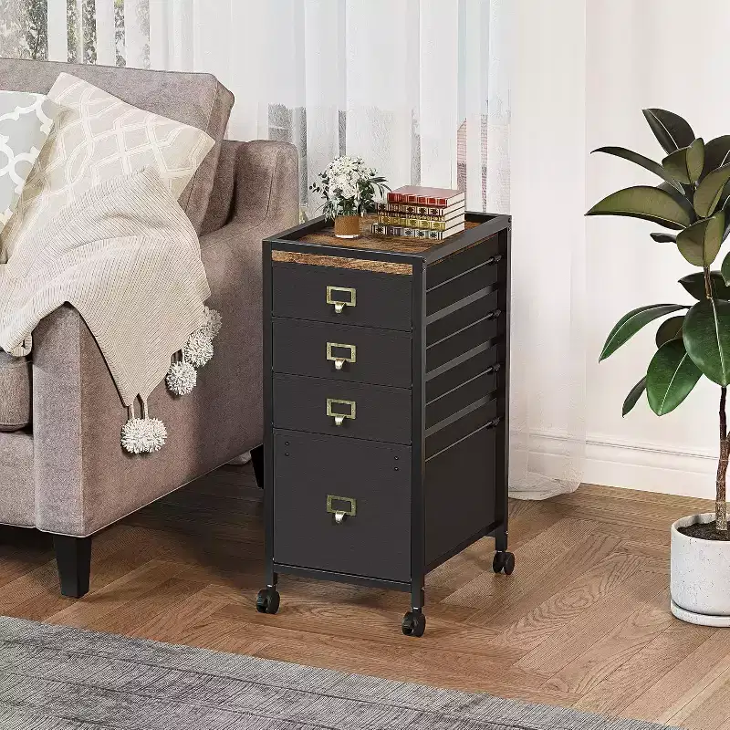 A Mobile Office Cabinet with 4 Drawers, a Roll-up File Organizer Under the Desk, Metal Handles and 4 Wheels, Measuring 66.5 x 30 x 37.5 cm, Black