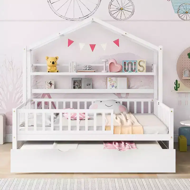 Acekool Full Size House Bed Frame with Twin Trundle, Storage Drawers & Shelves, Roof & Fence, Kids Platform Bed, White