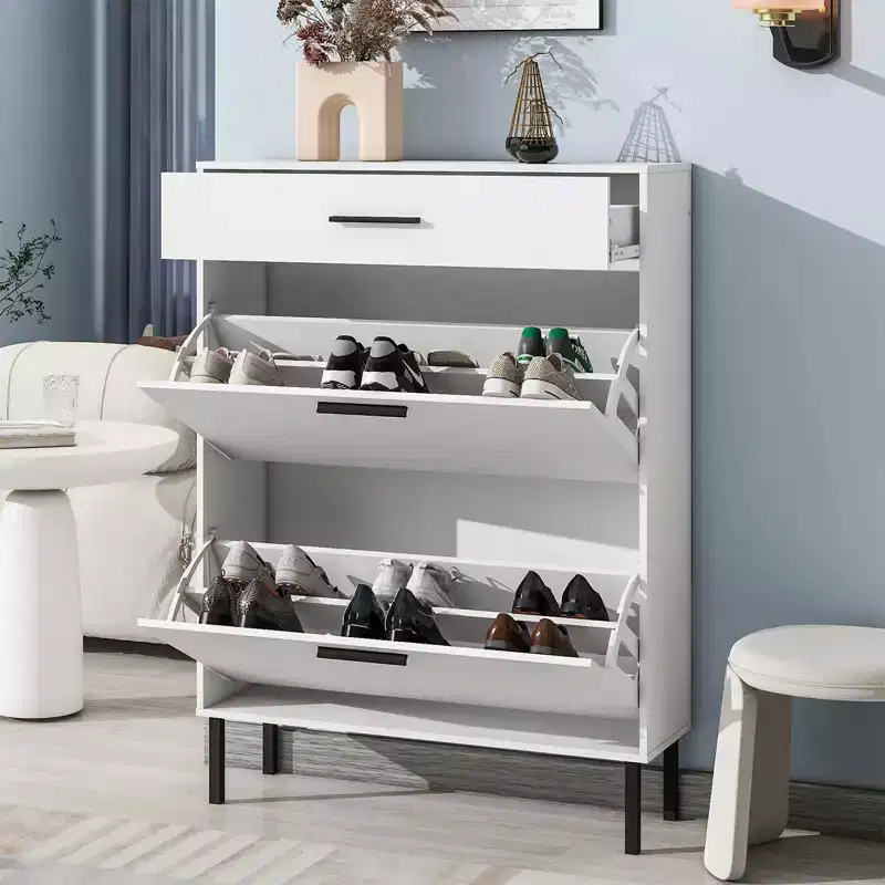 Modern Freestanding Shoe Cabinet, Narrow Shoe Rack Cabinet with 2 Flip Drawers, Shoe Cabinet Organizer with Metal Leg for Entryway Hallway