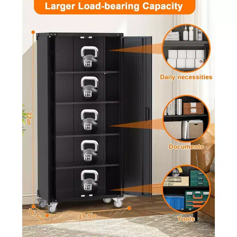 72 High Metal Storage Cabinet with Wheels, Cold Rolled Steel Tool Cabinet, 4 Adjustable Shelves, Lockable Rolling