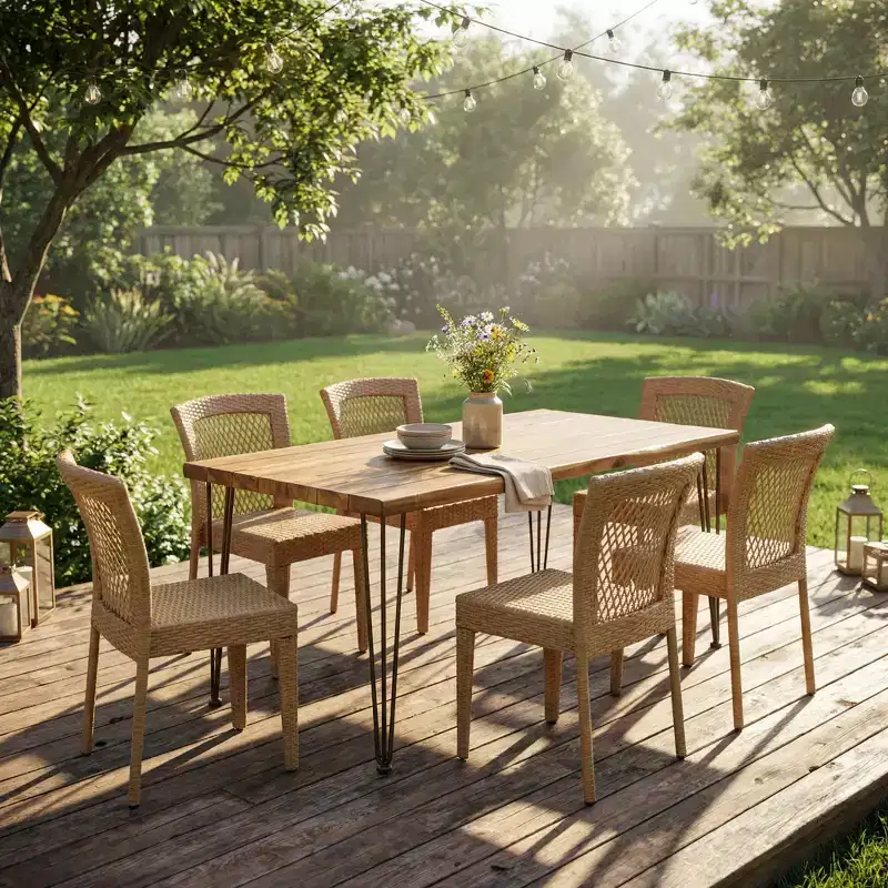 Christopher Knight Home Magnus Modern 7 Piece Acacia and Iron Dining Set with Slatted Table and PE Rattan Design