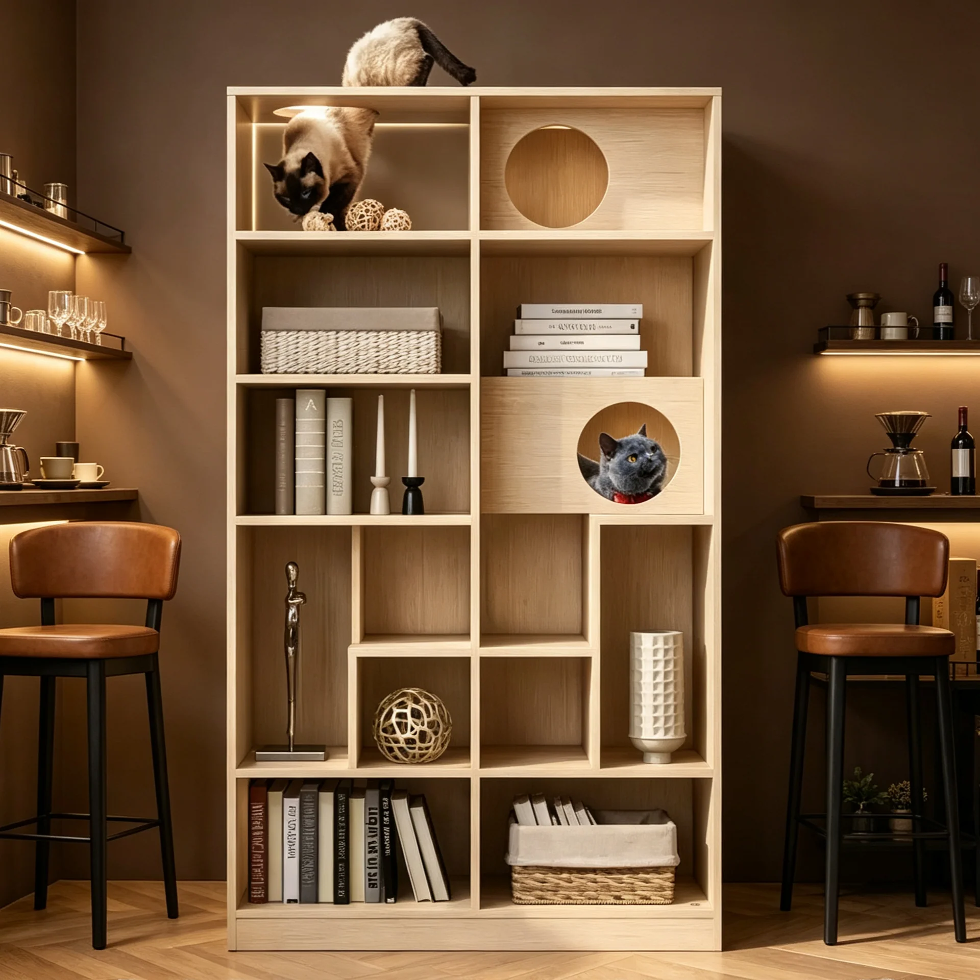 Modern Bookshelf with Cat Litter Box, Display Case with Cat Climbing Shelf, 2 in 1 Bookcase for Living Room, Bedroom, Natural