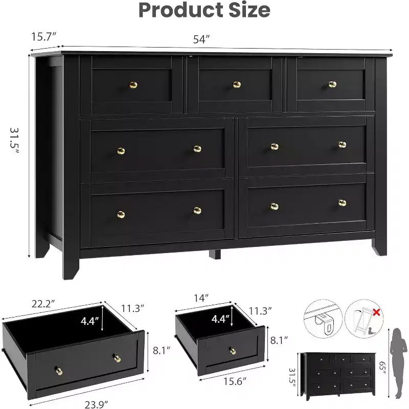 GustoWave Modern 54 Wide Large 7 Drawer Dresser for Bedroom, Entryway, Hallway, Black