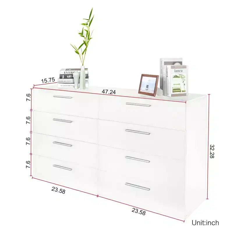 Karl Home 8-Drawer White Particle Board 47.24in. W Chest of Drawer