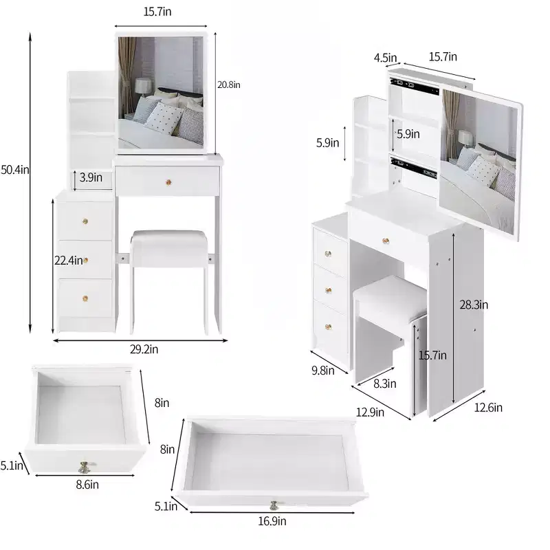 Okak Vanity Table and Chair Set and Cushioned Stool, 29.2 Compact Left-Side Bedside Dressing Table with Touch Sliding LED Mirror, White