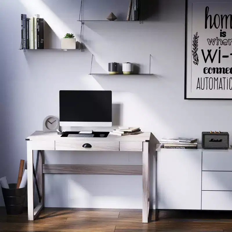 Home Office Computer Desk, Rustic Writing Desk, Farmhouse Workstation with Storage Drawer, X-Frame