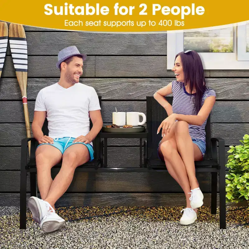 Costway Patio Loveseat with Built-in Table, Breathable Fabric Back and Seat, Metal Frame Black