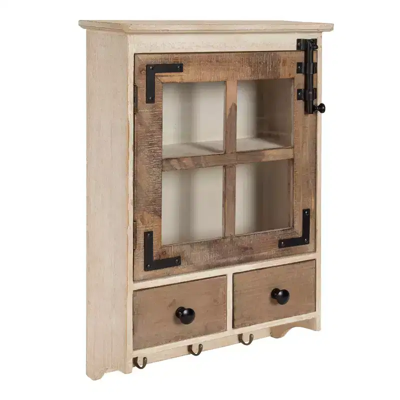 Hutchins Decorative Farmhouse Wood Wall Cabinet Rustic and White - Kate & Laurel All Things Decor: Glass Door, Vintage Lock, No Assembly Required