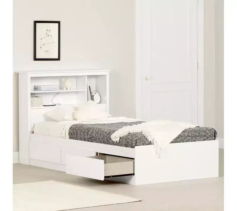 Twin Size Bed Frame with Bookcase Headboard & Storage Drawers, White, Particle Board