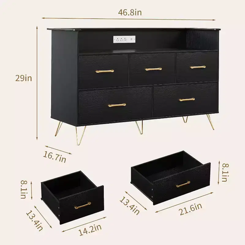 LED Dresser with Charging Station - Modern 5-Drawer 47 Wide Wooden Chest, Storage Organizer for Bedroom, Nursery, Hallway & Apartments