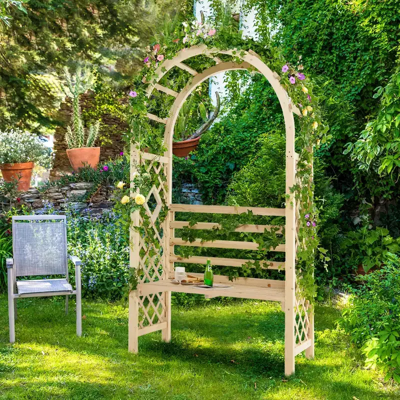 Costway Wooden Garden Bench Arch Pergola Outdoor Arbor w/backrest Patio Trellis Pergola