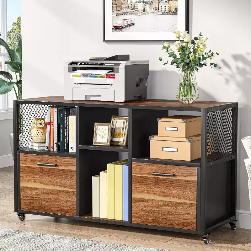 2 Drawer Wood File Cabinet, Mobile Lateral Filing Cabine with Storage Shelves