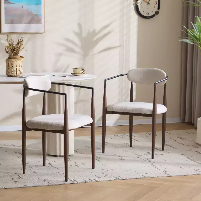 Set of 2 Modern Upholstered Iron Dining Chairs with Curved Open Back Beige/Dark Brown
