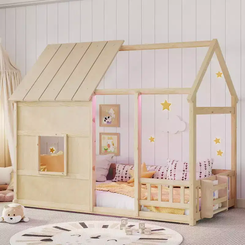 Whisen Twin Size House Floor Bed Frame, House-Shaped Bed with Roof, Fence